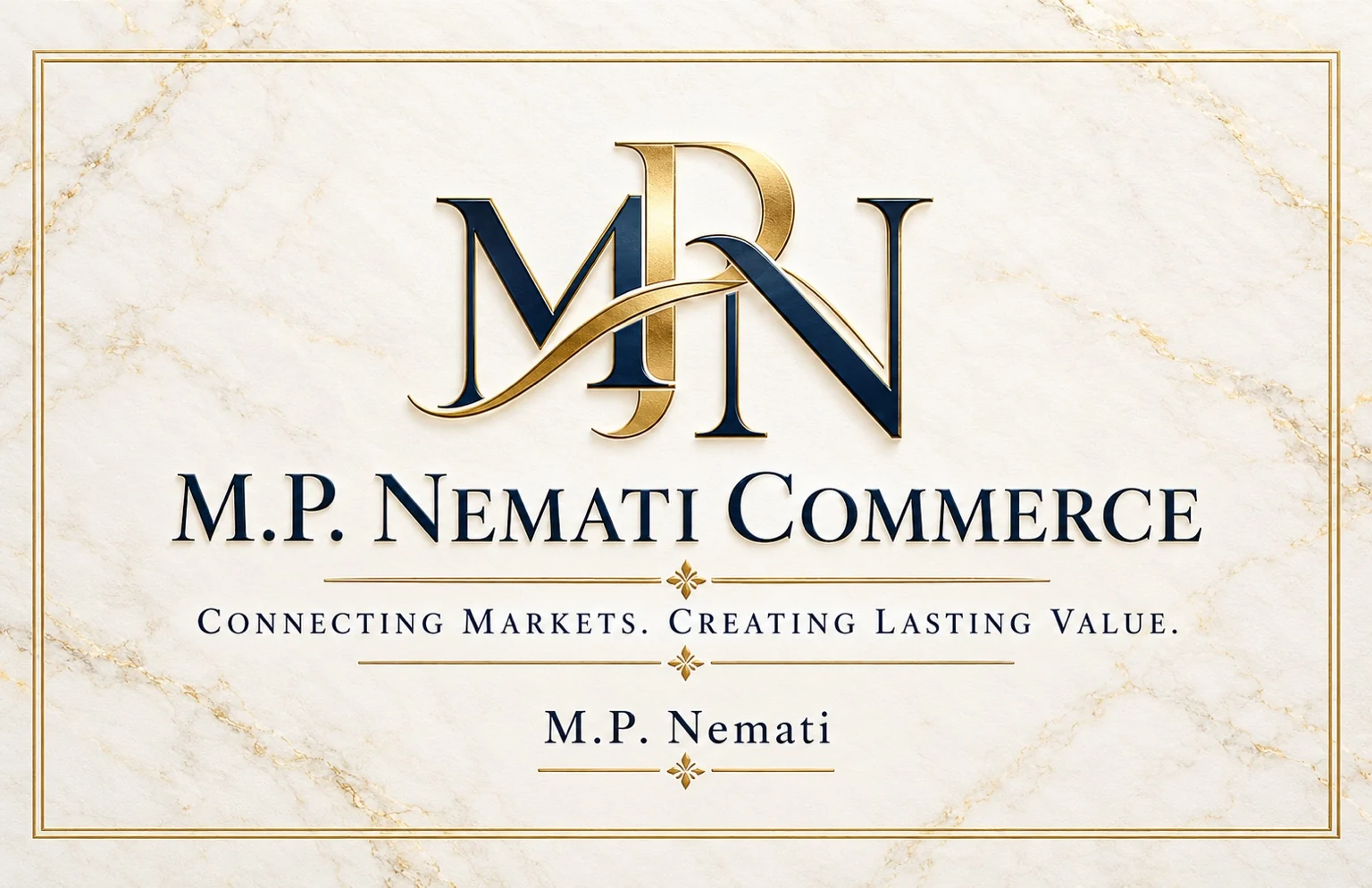 Original M.P. Nemati Commerce logo and Connecting Markets. Creating Lasting Value. slogan