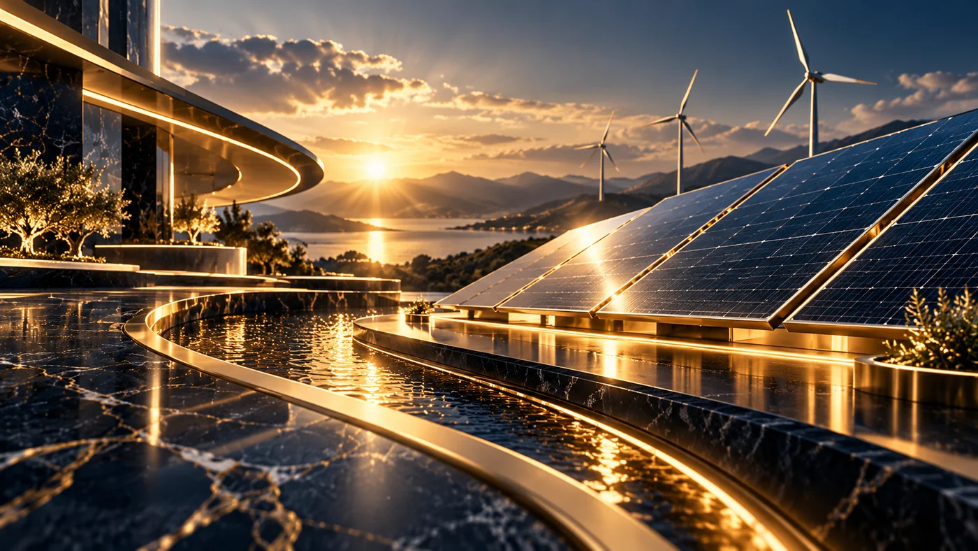 Solar panels and wind turbines at golden sunset, conceptual image of renewable energy