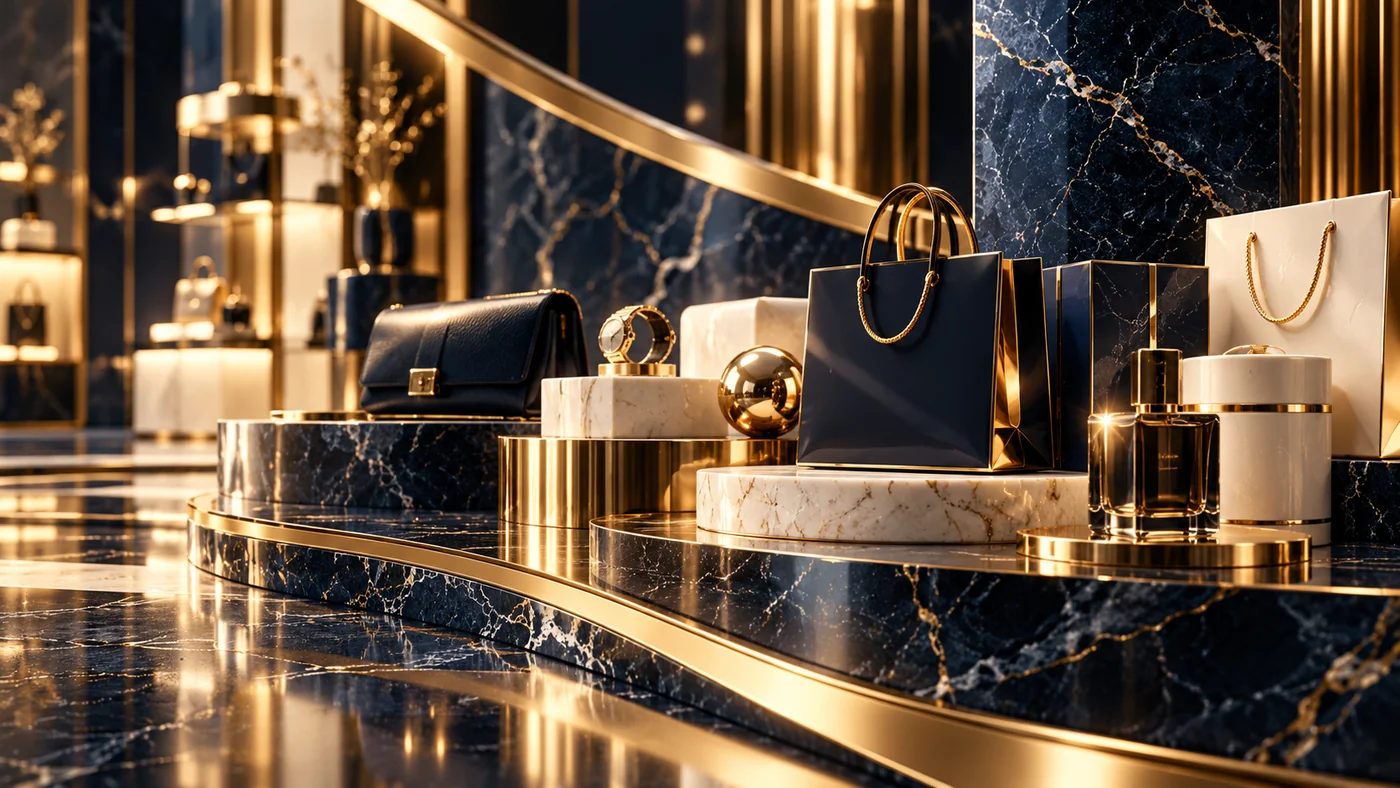 Elegant consumer products and shopping bags in a navy and gold retail setting, conceptual image