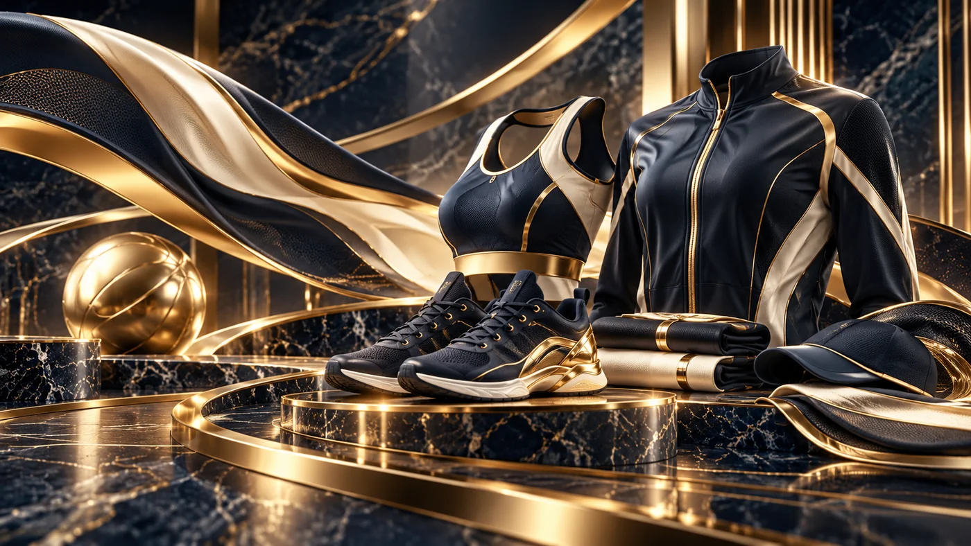 Premium sports apparel and athletic shoes in navy and gold, conceptual image