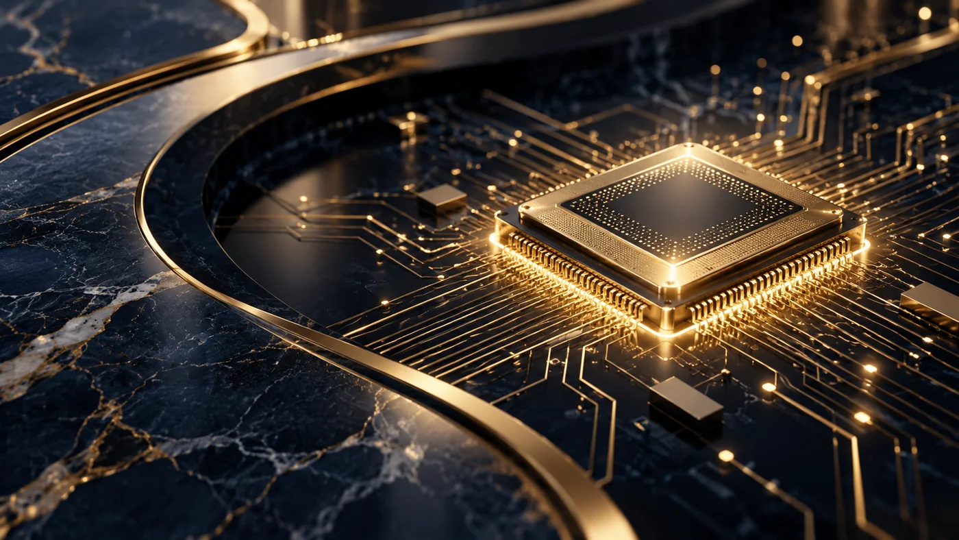 Premium gold microchip on a midnight navy circuit board, conceptual image of technology and innovation