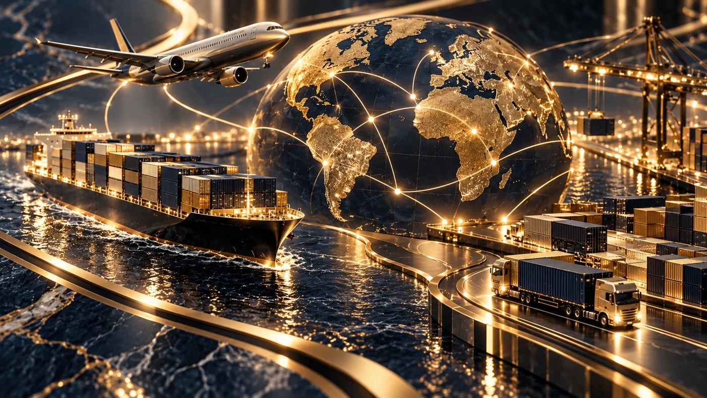 Cargo ship, aircraft and global trade connections in a cinematic port setting, conceptual image